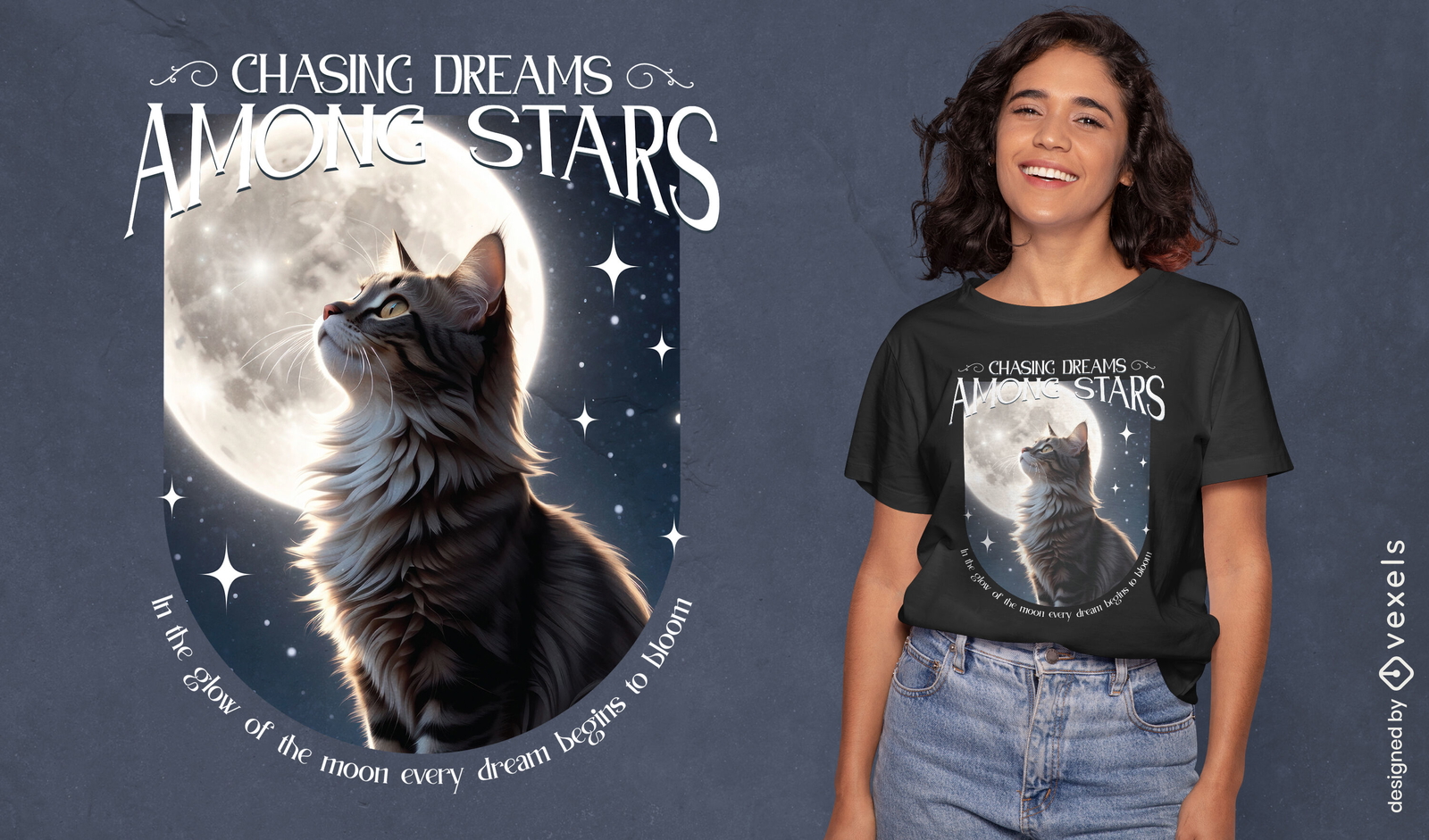 Design de camiseta de gato perseguindo sonhos entre as estrelas