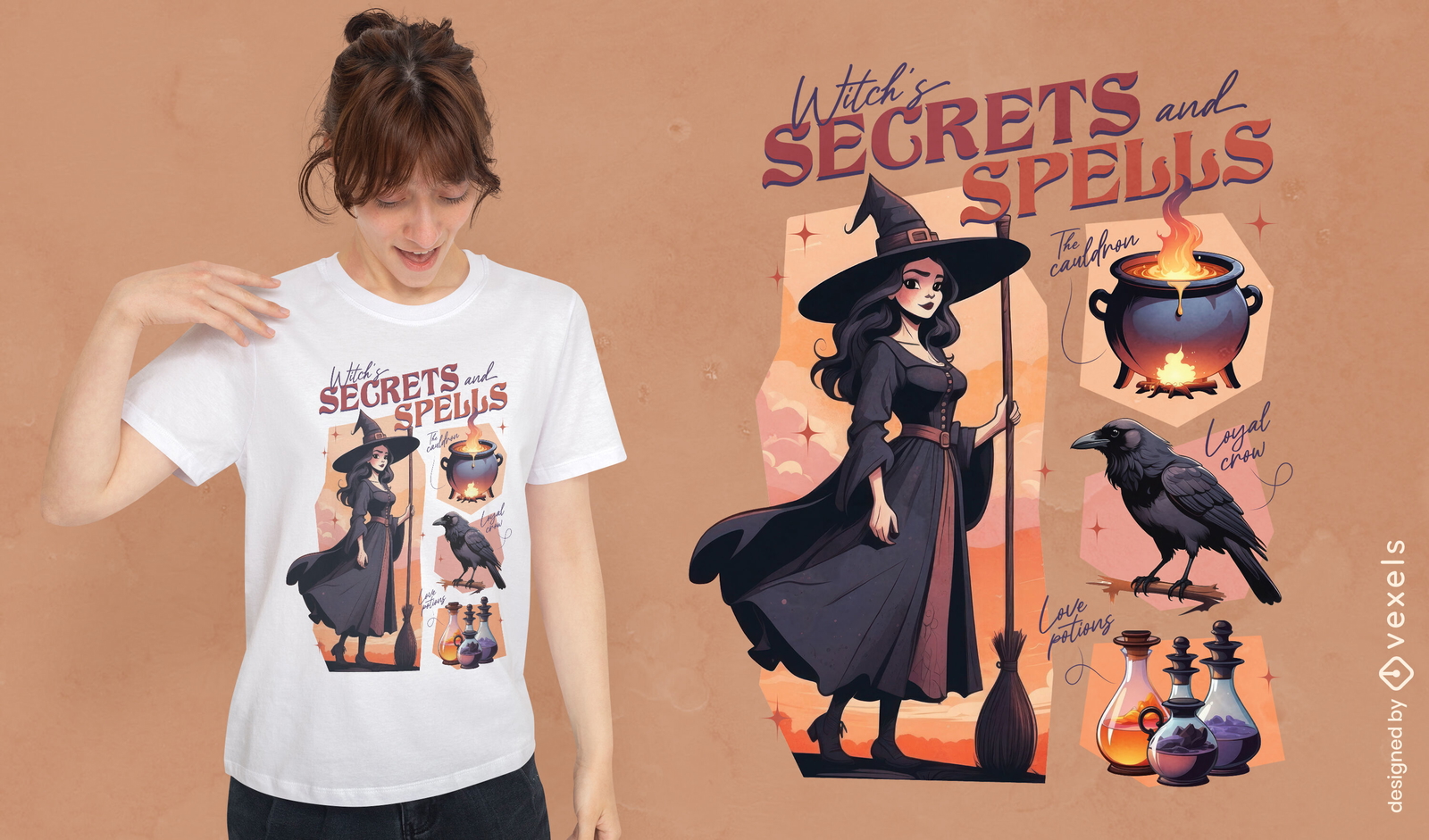 Diseño de camiseta con secretos y hechizos de brujas.