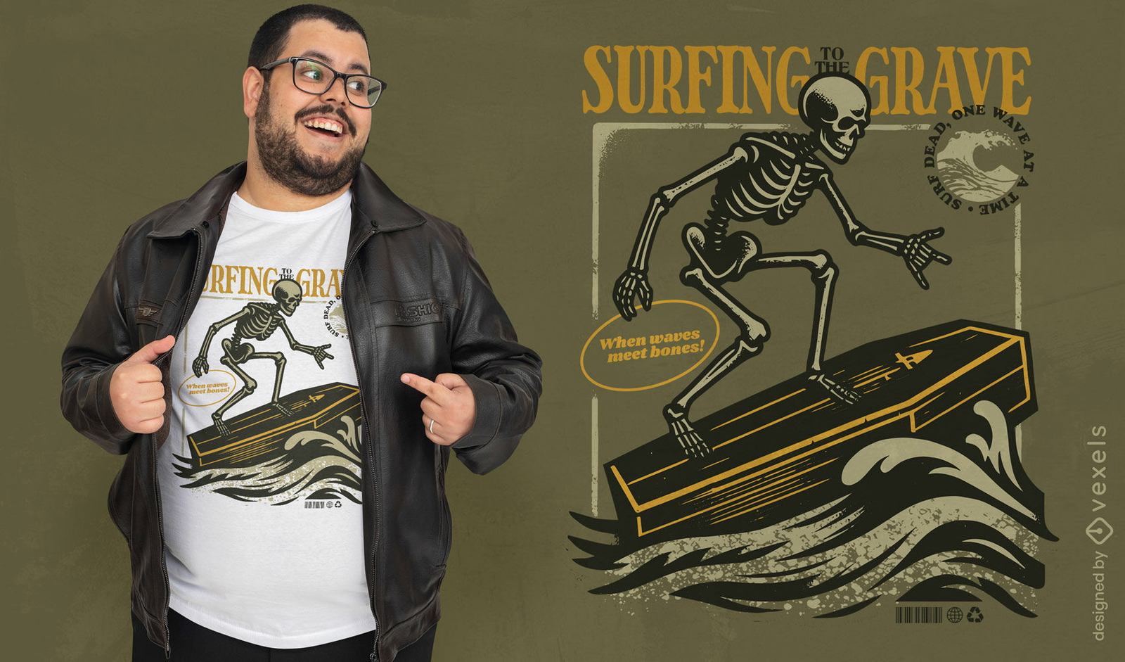 Diseño divertido de camiseta con esqueleto de surfista