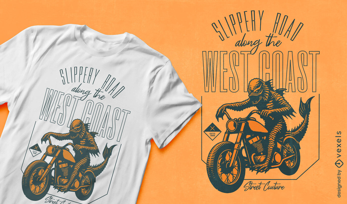 Design de camiseta monstro motociclista da costa oeste