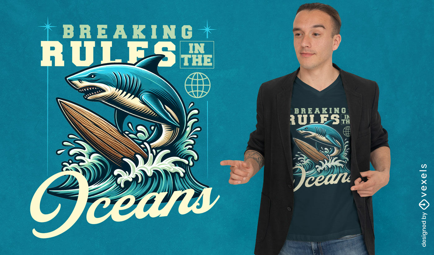 T-Shirt-Design mit unerschrockenem Hai beim Surfen