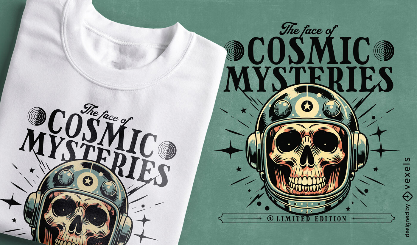 Diseño de camiseta con calavera de misterios cósmicos