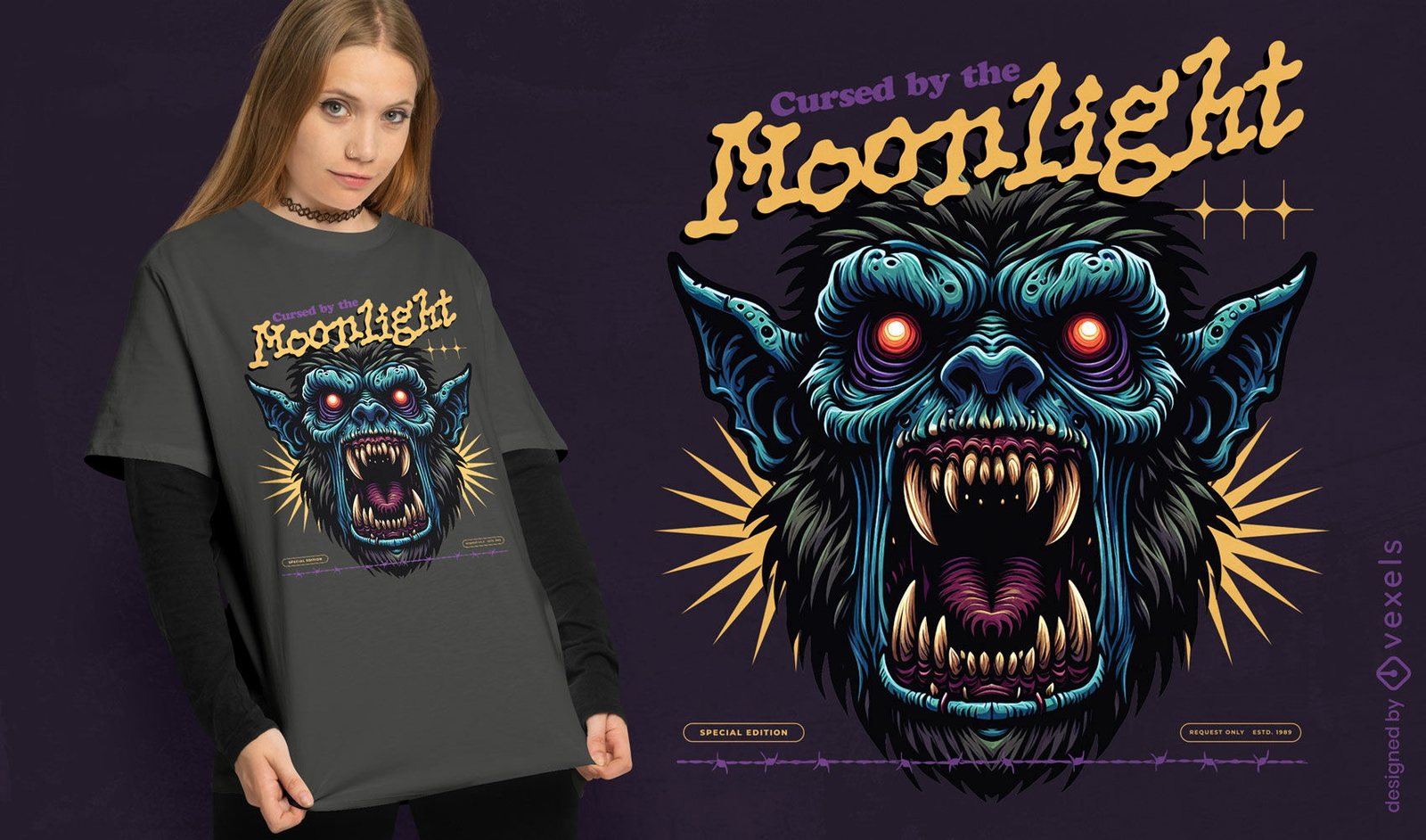 Diseño de camiseta del monstruo maldito por la luz de la luna