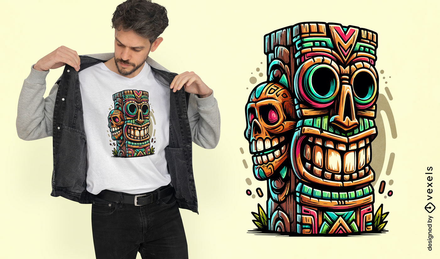 Diseño de camiseta con tótem tiki colorido