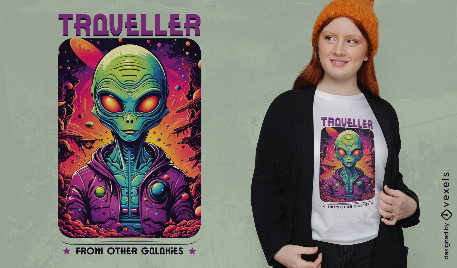 Diseño de camiseta de viajero extraterrestre colorido