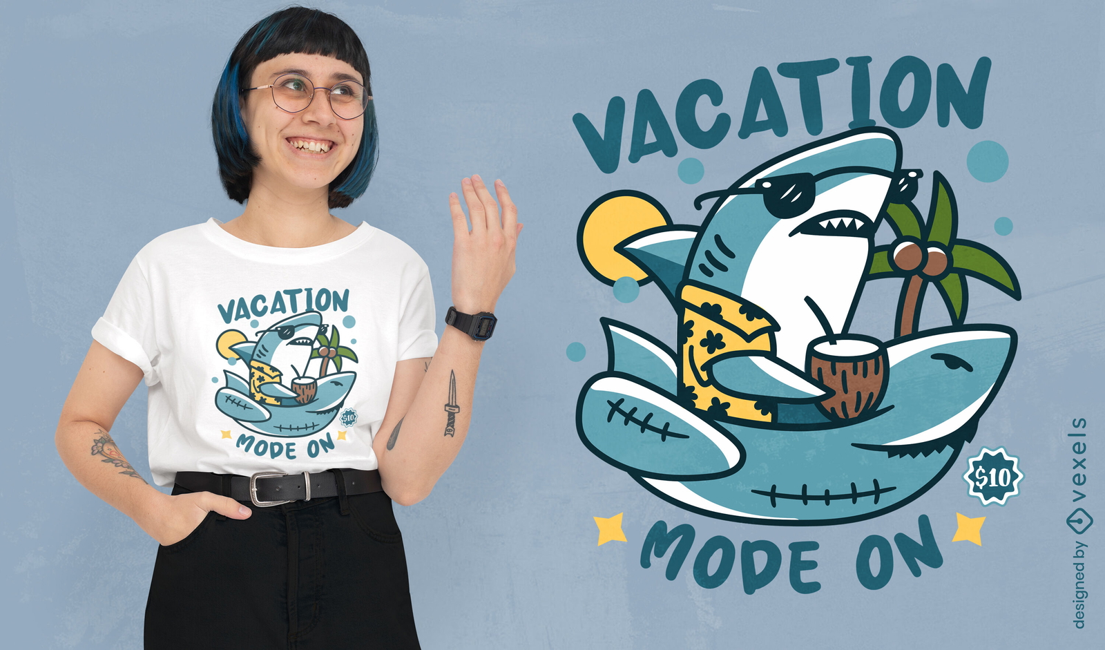 Diseño de camiseta en modo vacaciones de tiburón