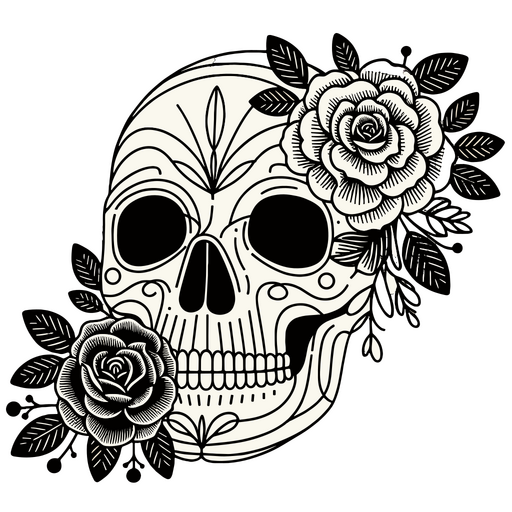 Calavera y rosas en blanco y negro Diseño PNG