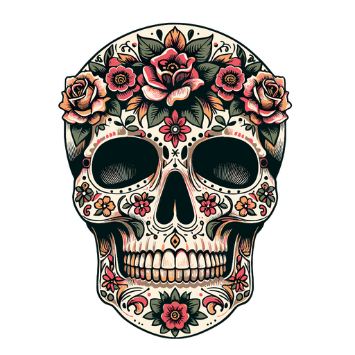 Calavera con flores y corona de flores Diseño PNG