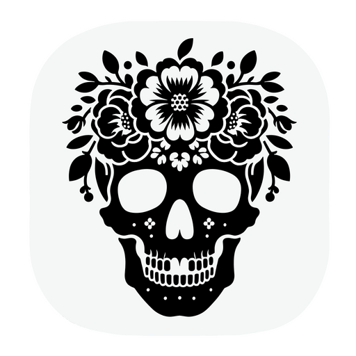 Black skull with flower crown PNG Design