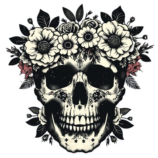 Calavera con flores y tatuajes Diseño PNG