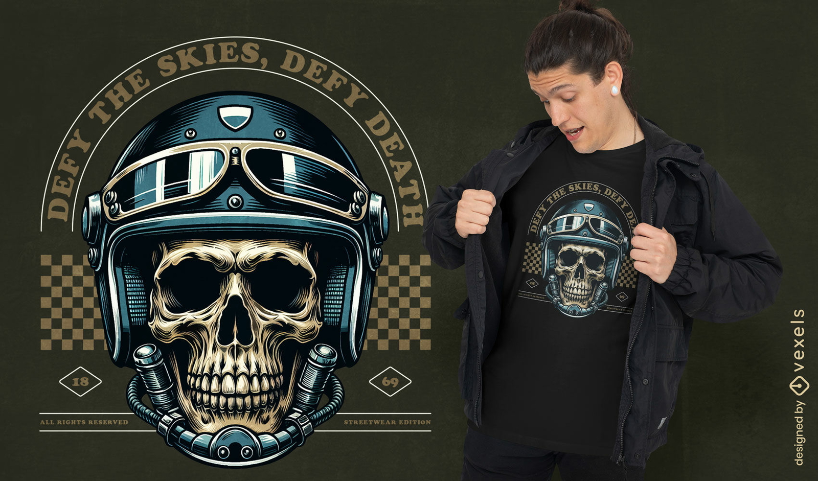 Design de camiseta com caveira e capacete