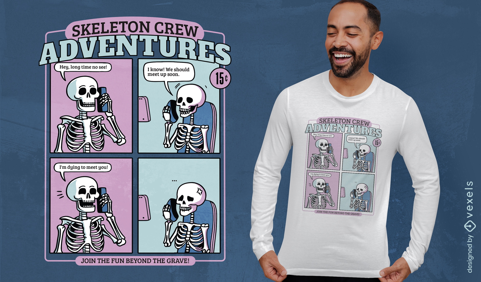 Design de camiseta aventuras da tripulação de esqueletos