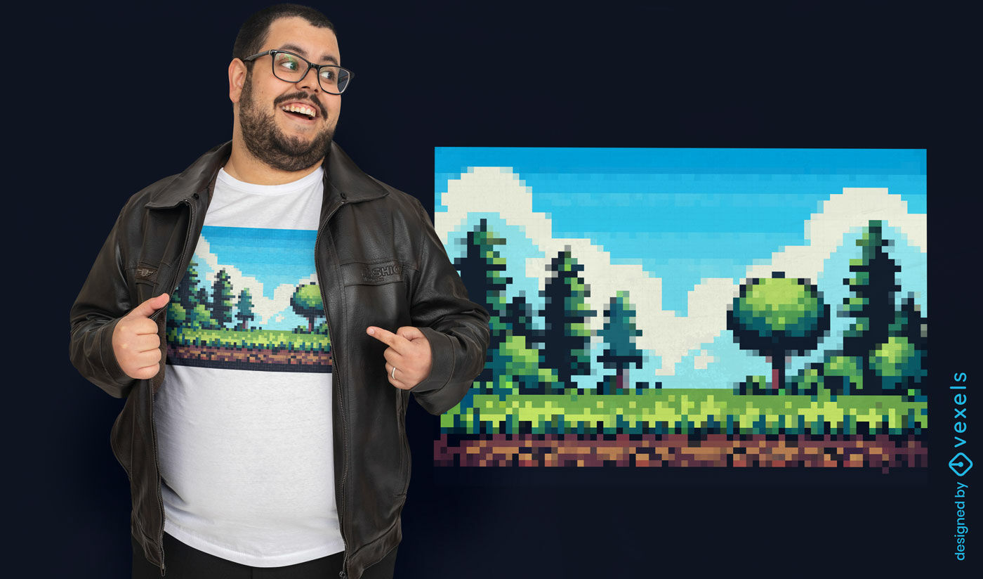 Diseño de camiseta con paisaje en estilo pixel art