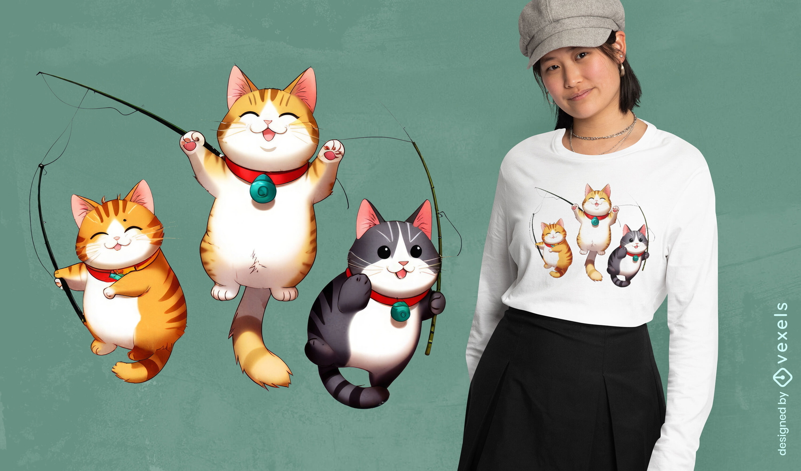 Design de camiseta com gatos fofos de pesca