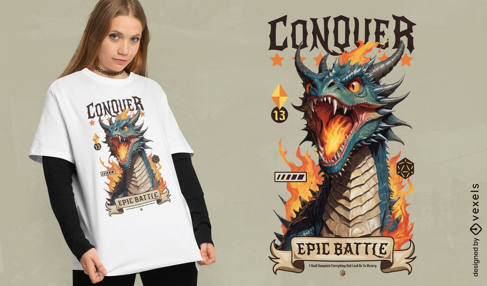 Diseño de camiseta de batalla épica de conquista del dragón