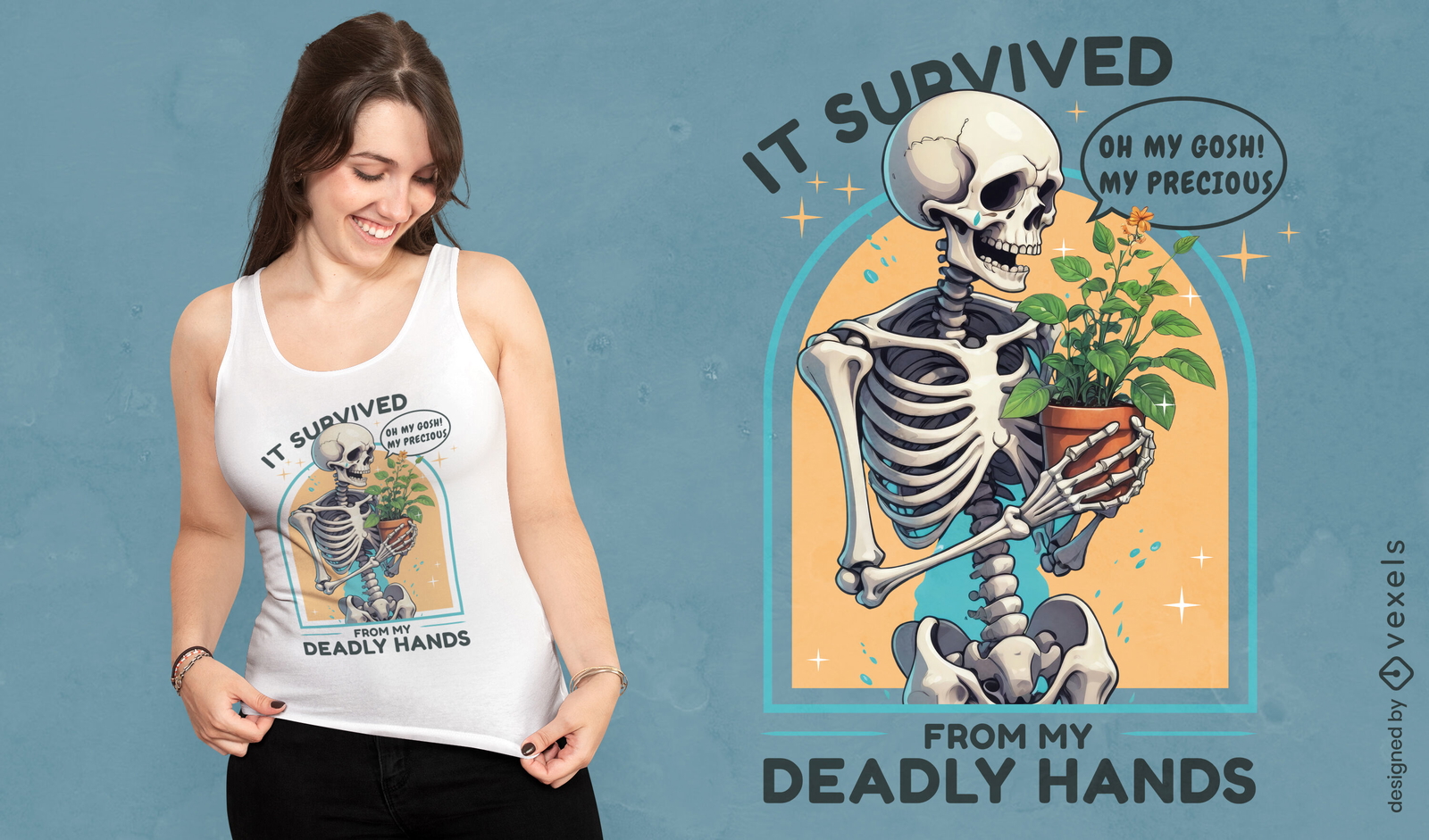 Diseño de camiseta humorística con esqueleto jardinero