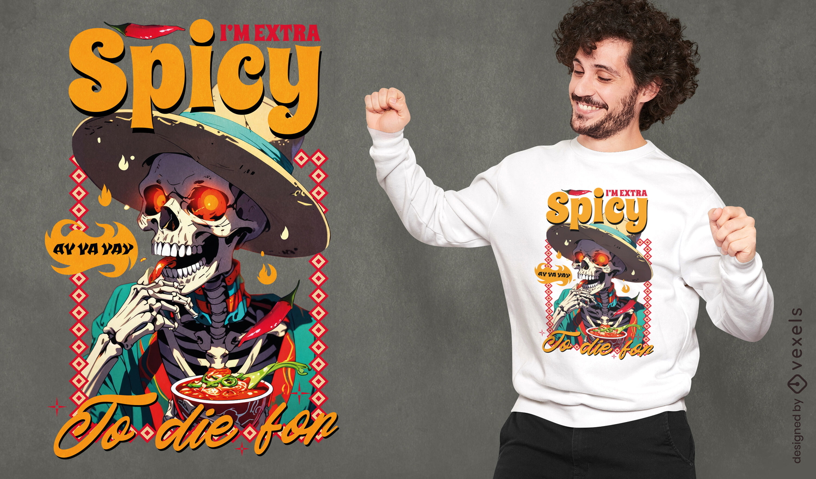 Diseño de camiseta mexicana de esqueleto picante