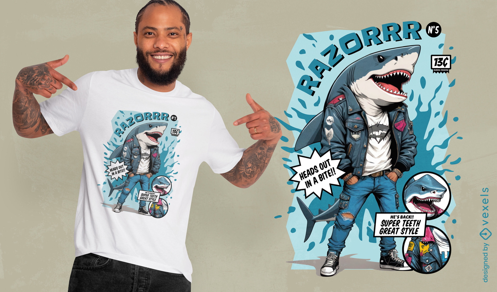 Design de camiseta com personagem tubarão legal