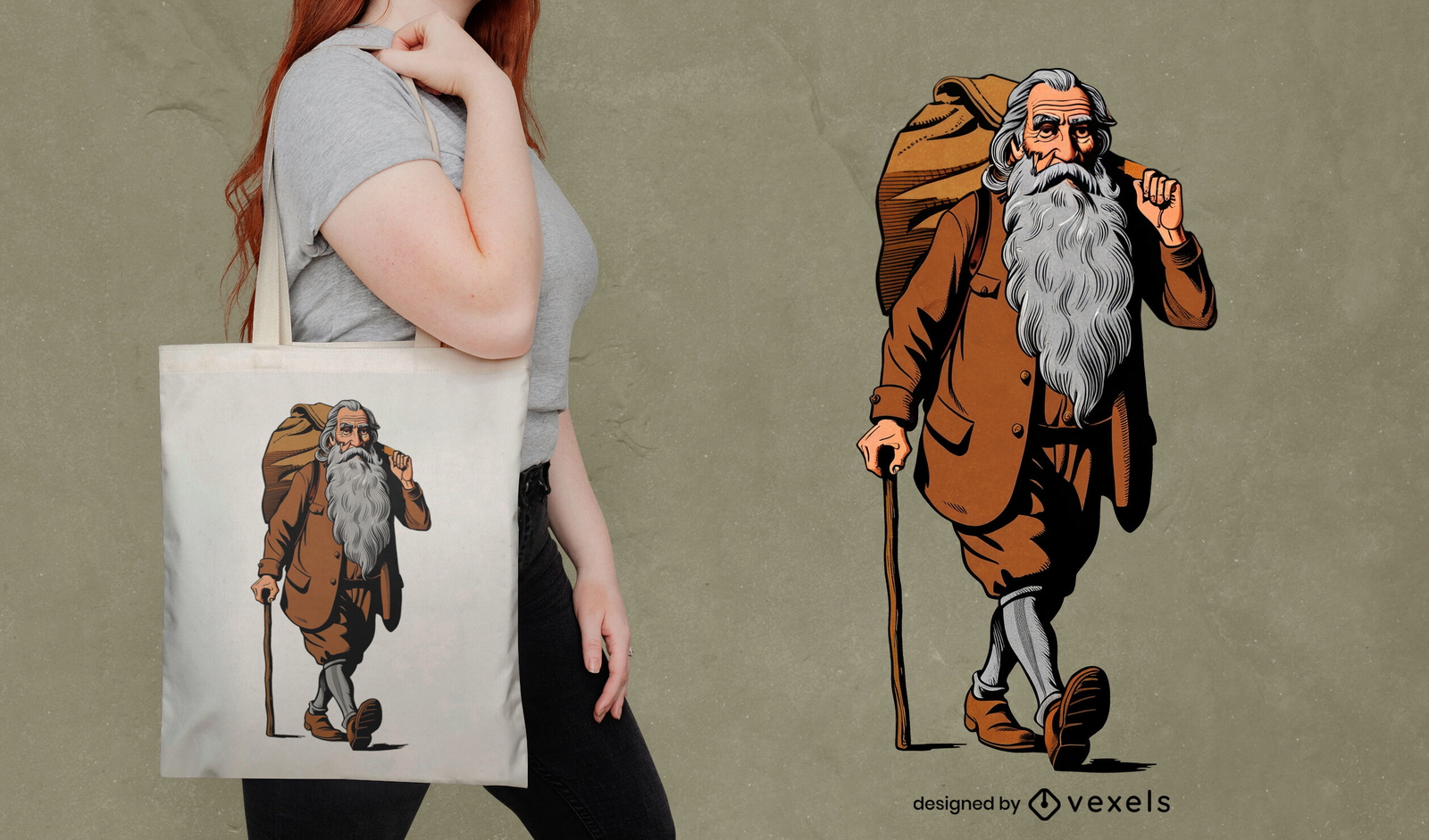 Walking old man tote bag design