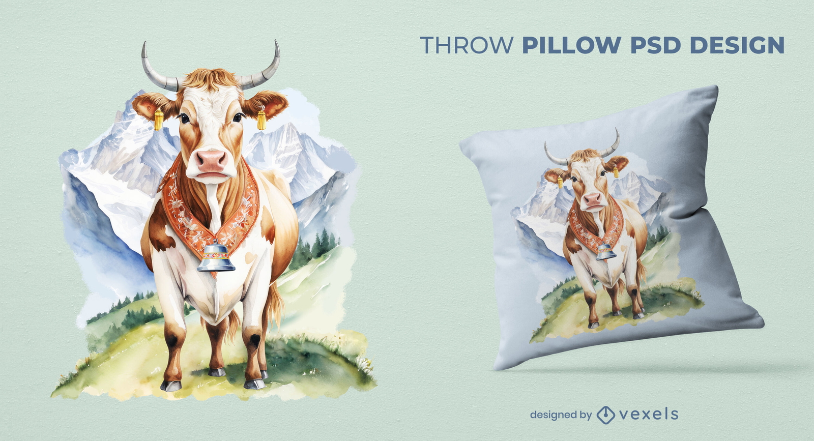 Watercolor cow throw pillow design