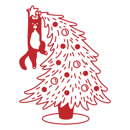 Árbol de Navidad con adornos y un gato colgando de él. Diseño PNG