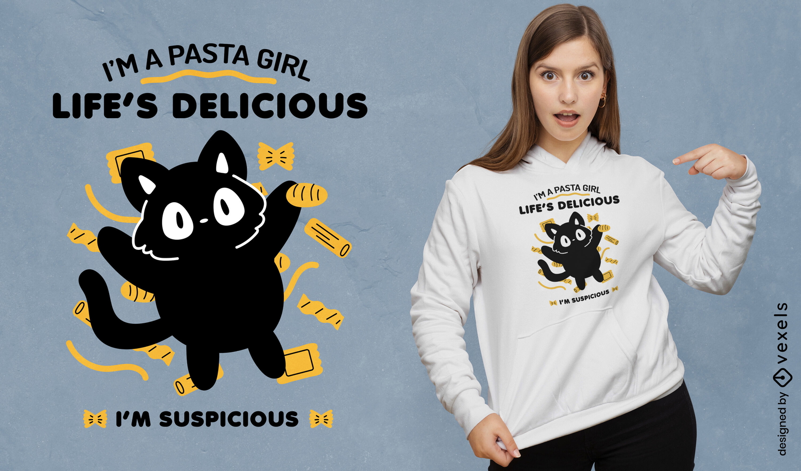 Design de camiseta com citação de gato de macarrão