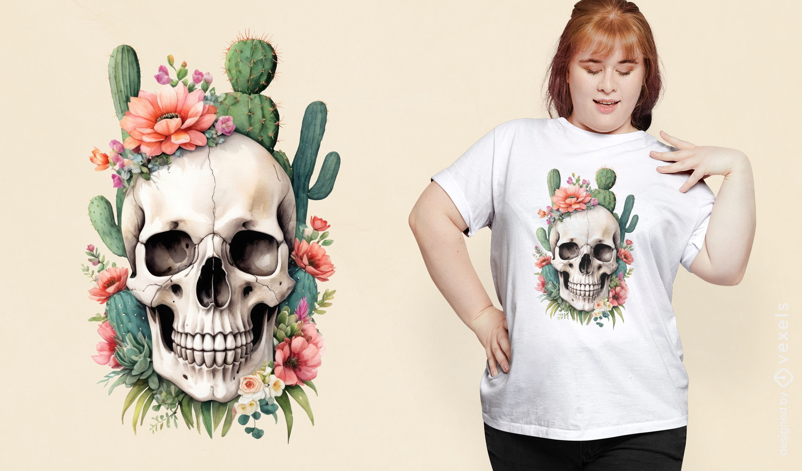 Diseño de camiseta de calavera con cactus y flores.