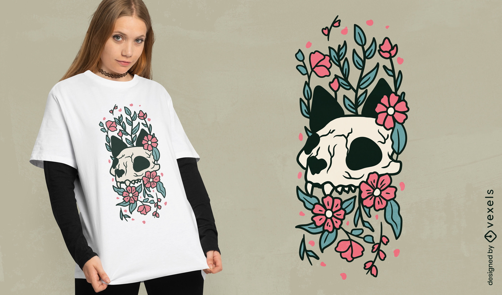 Diseño de camiseta con calavera de gato con flores