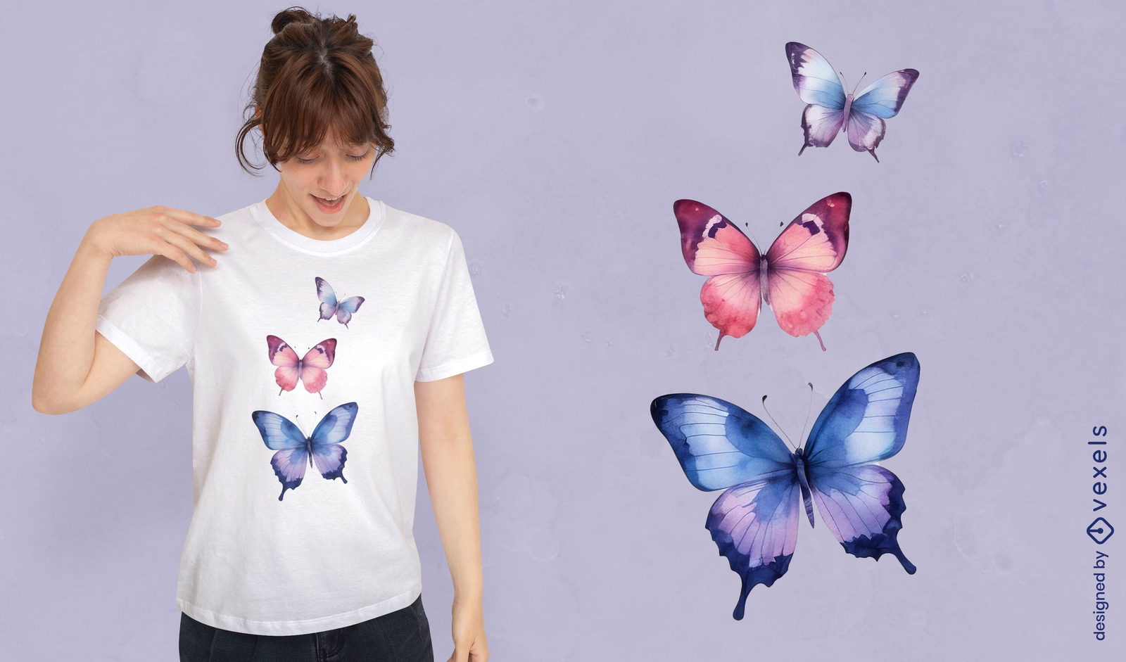 Diseño de camiseta con mariposas de acuarela coloridas.