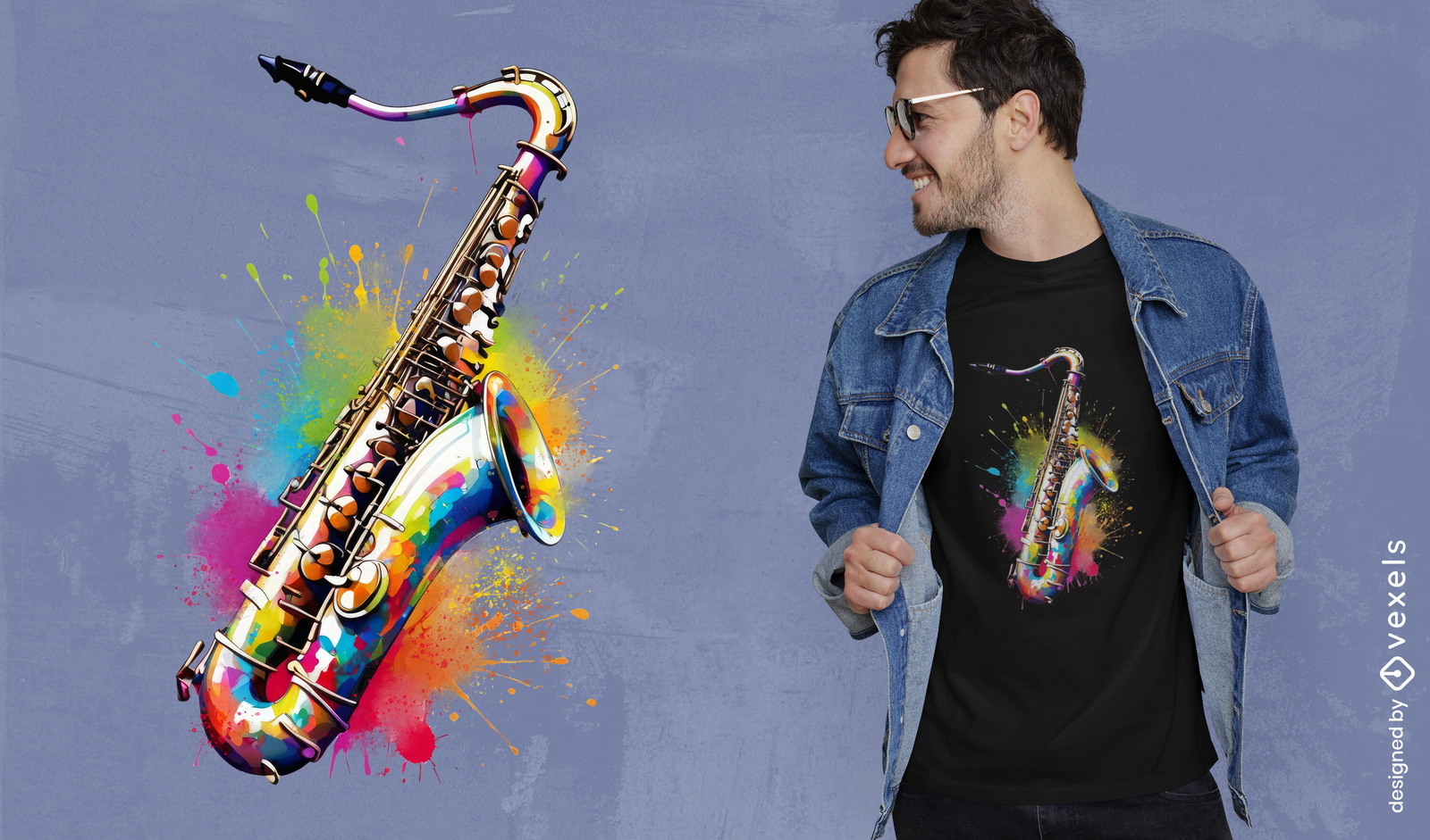 Diseño de camiseta con saxofón colorido y salpicaduras.