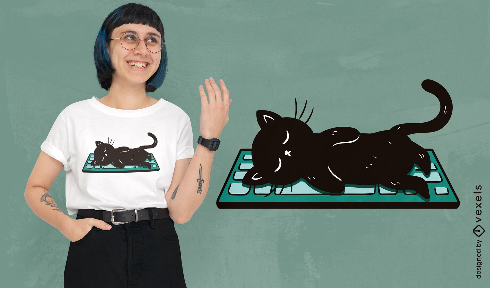 Design de camiseta com gato descansando no teclado