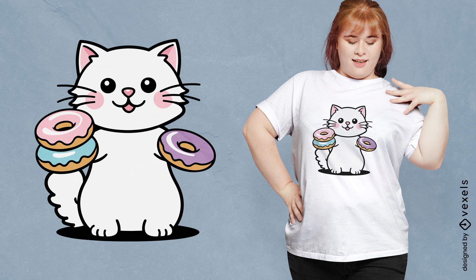 Diseño de camiseta de gato y donas.