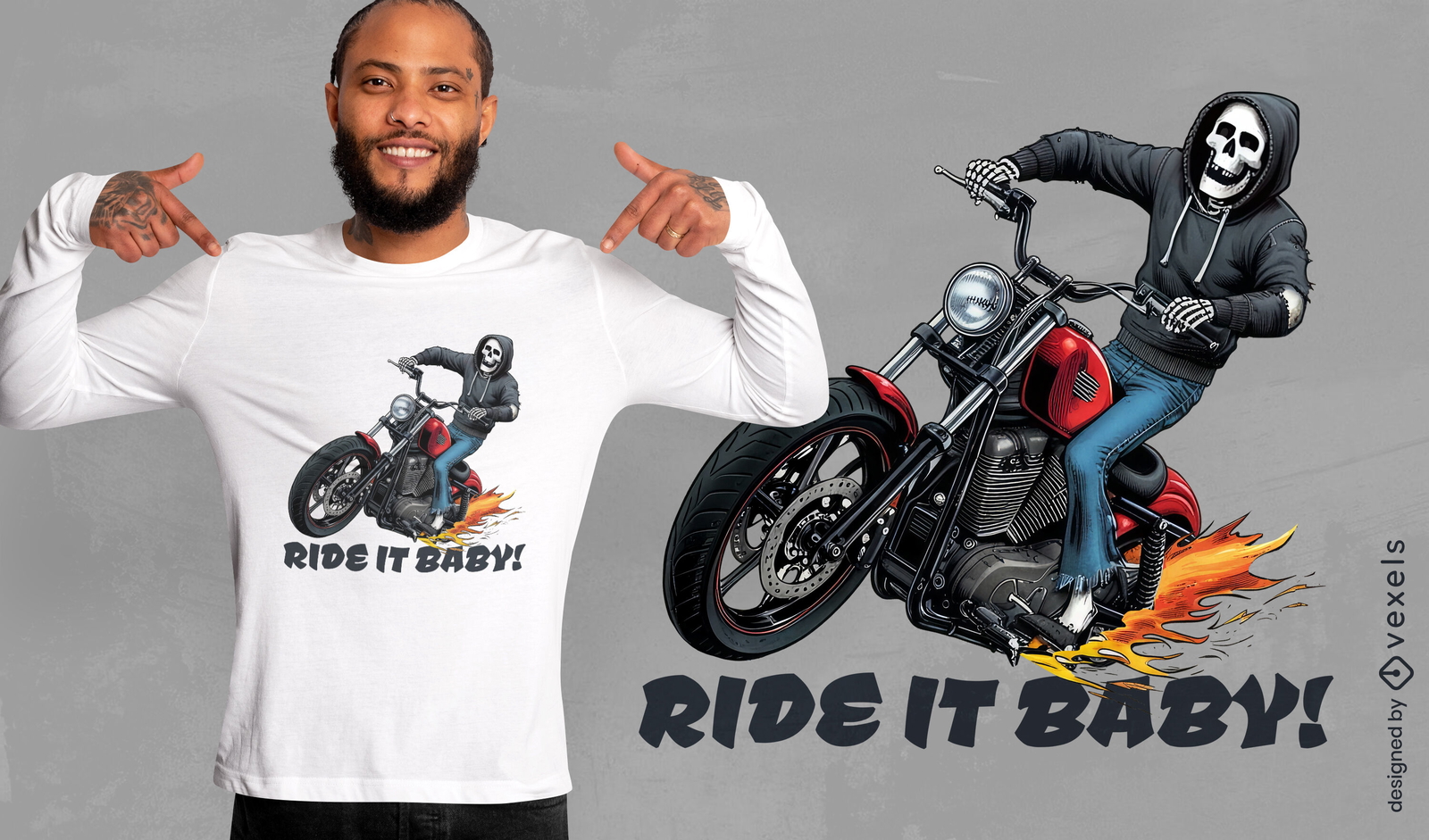 Diseño de camiseta de motociclista con esqueleto intrépido