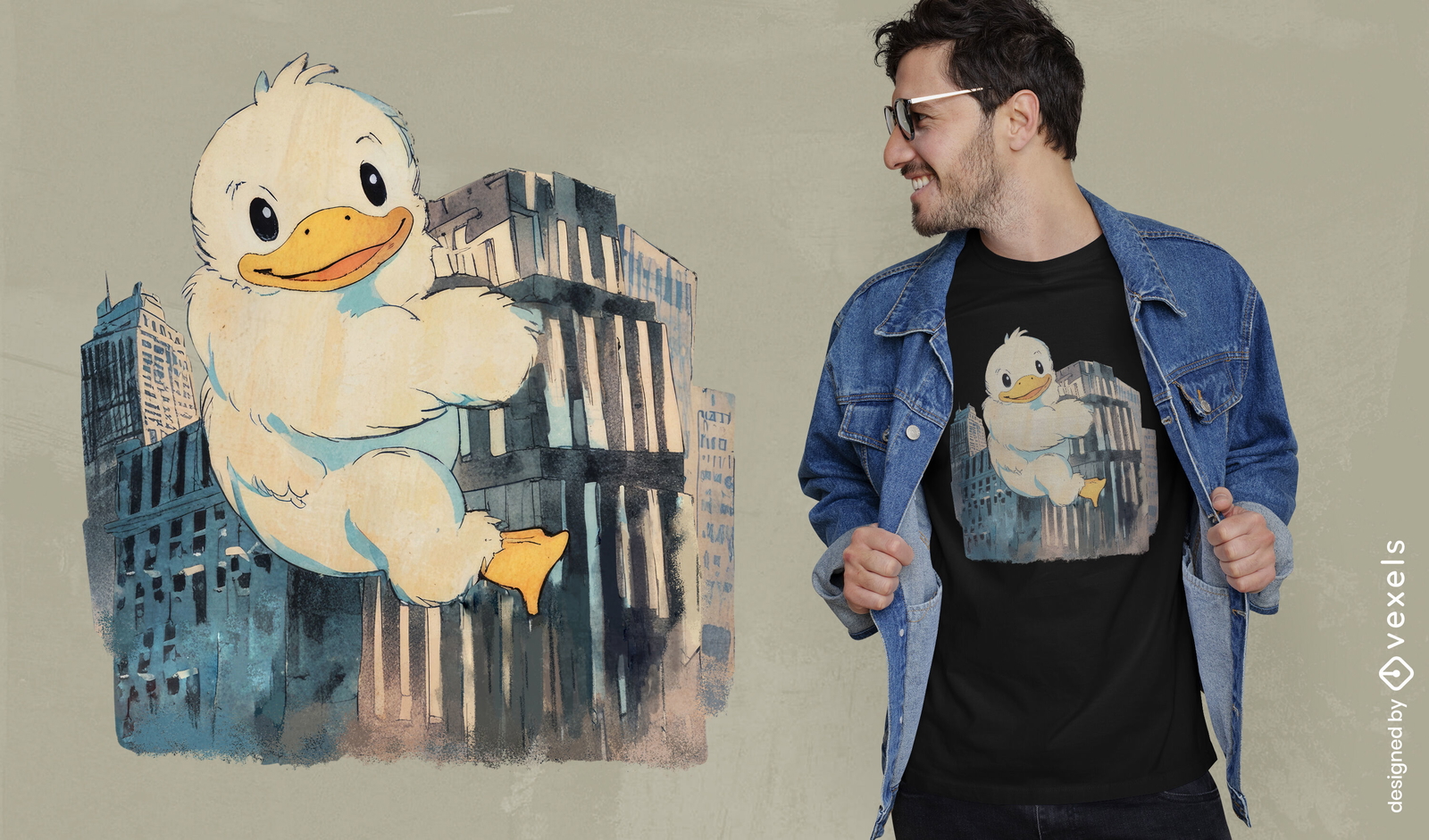 Design de camiseta com cidade de pato gigante