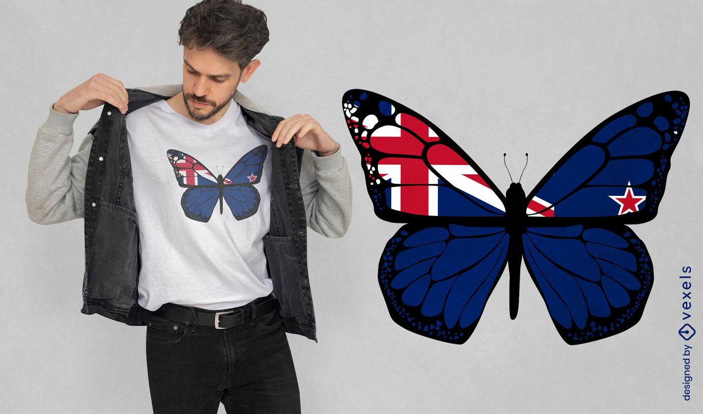 Diseño de camiseta con la bandera de mariposa de Nueva Zelanda