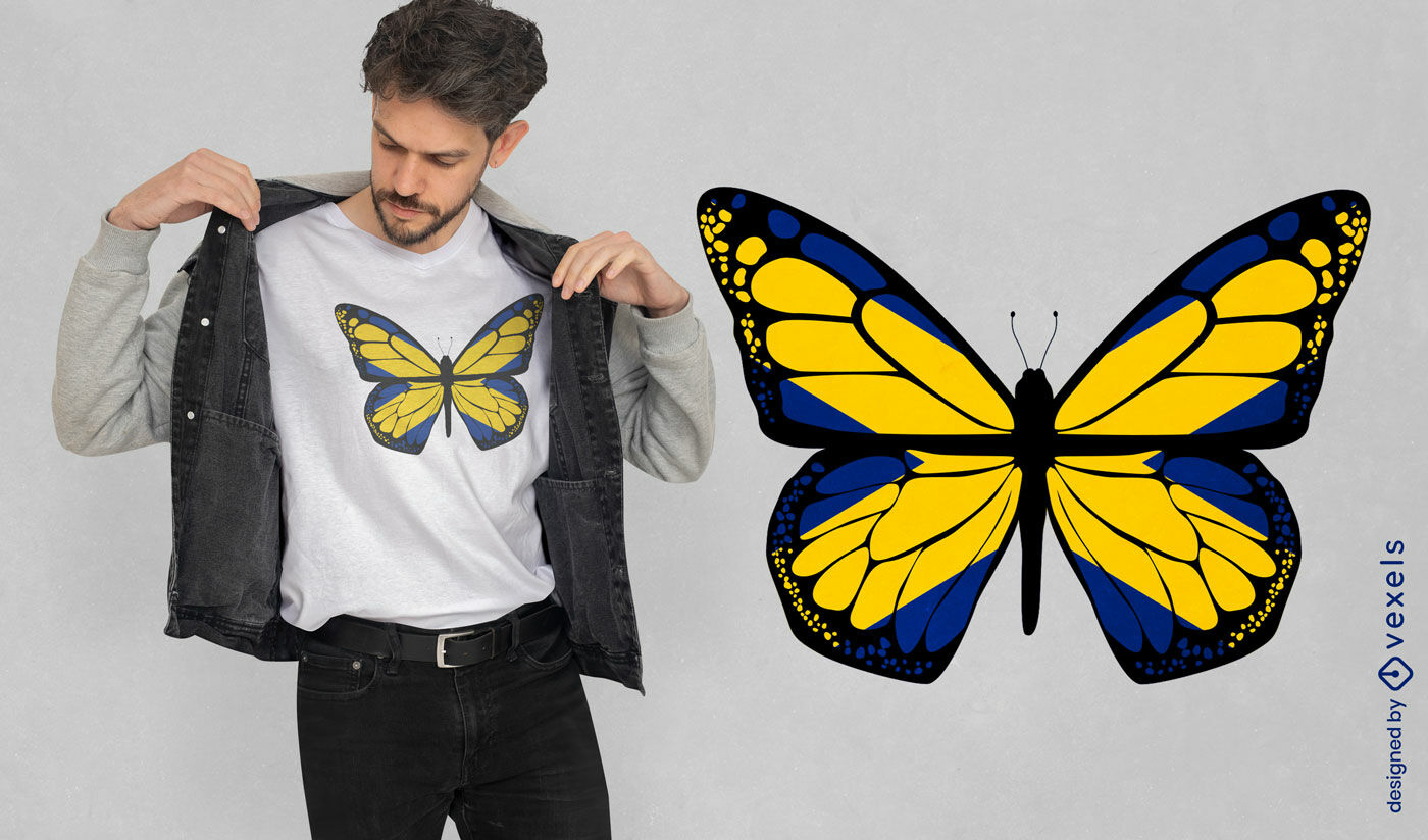 Diseño de camiseta con bandera de mariposa monarca amarilla y azul.