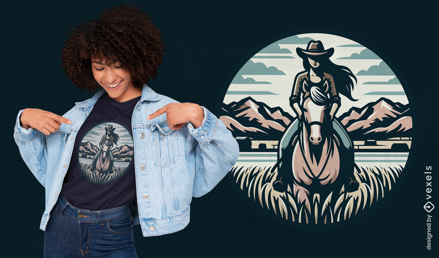 Design de camiseta cênica de cowgirl cavalgando cavalo