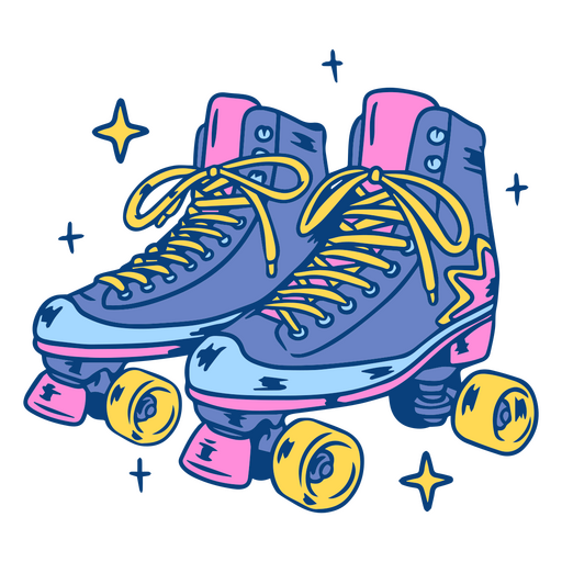 Pink and blue roller skates with yellow laces  PNG Design