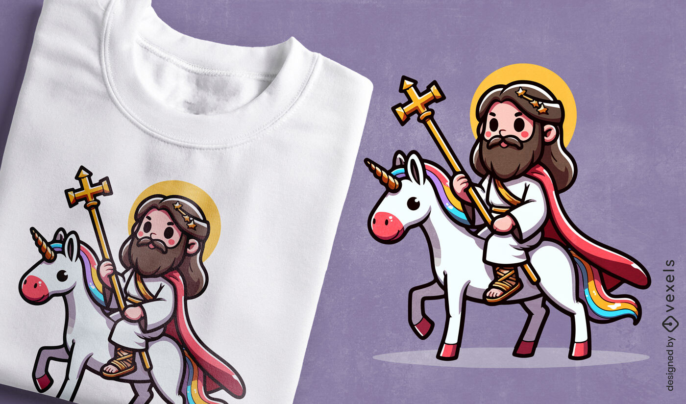 Diseño de camiseta con Jesús montando un unicornio