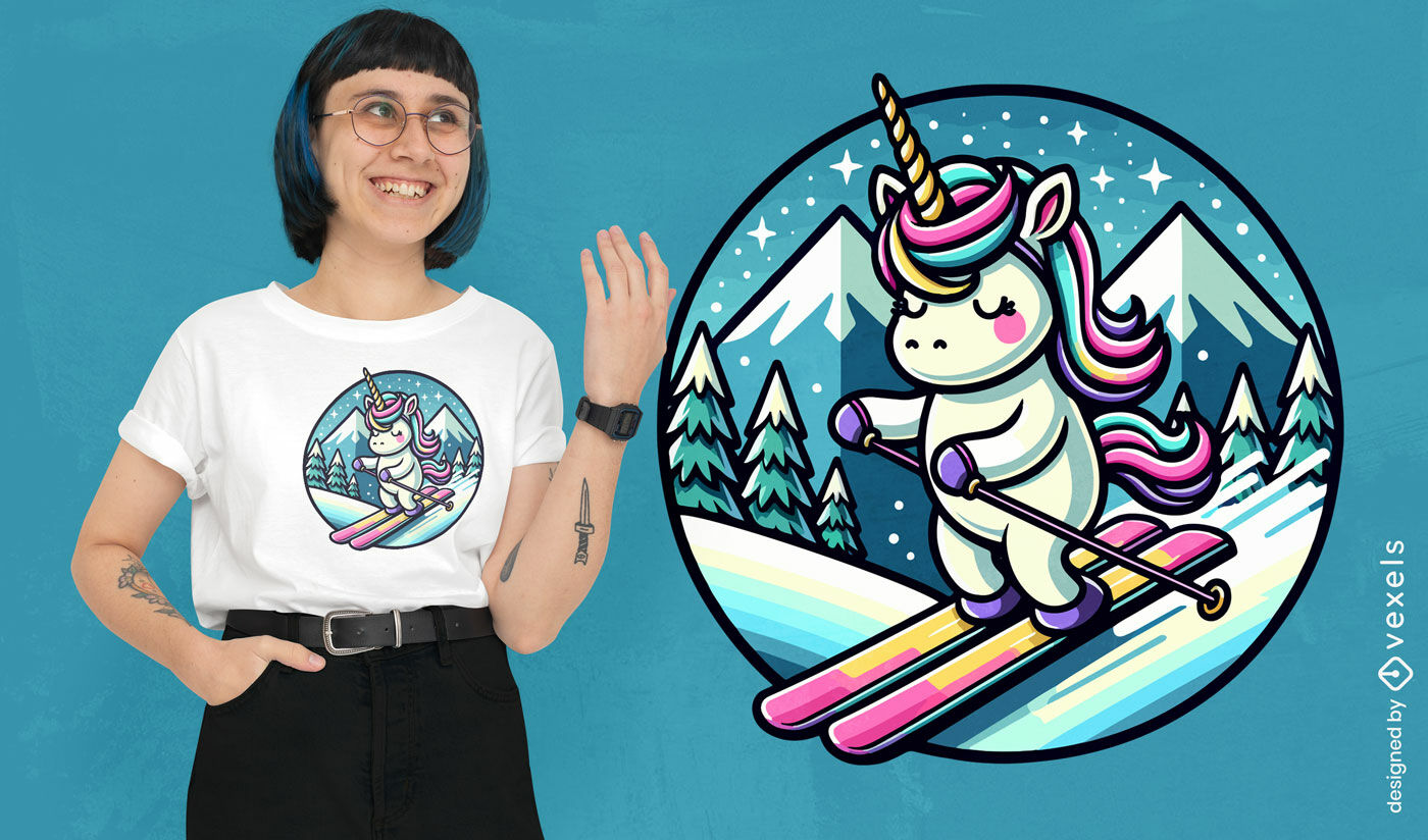 Diseño de camiseta con escena invernal de unicornio esquiando