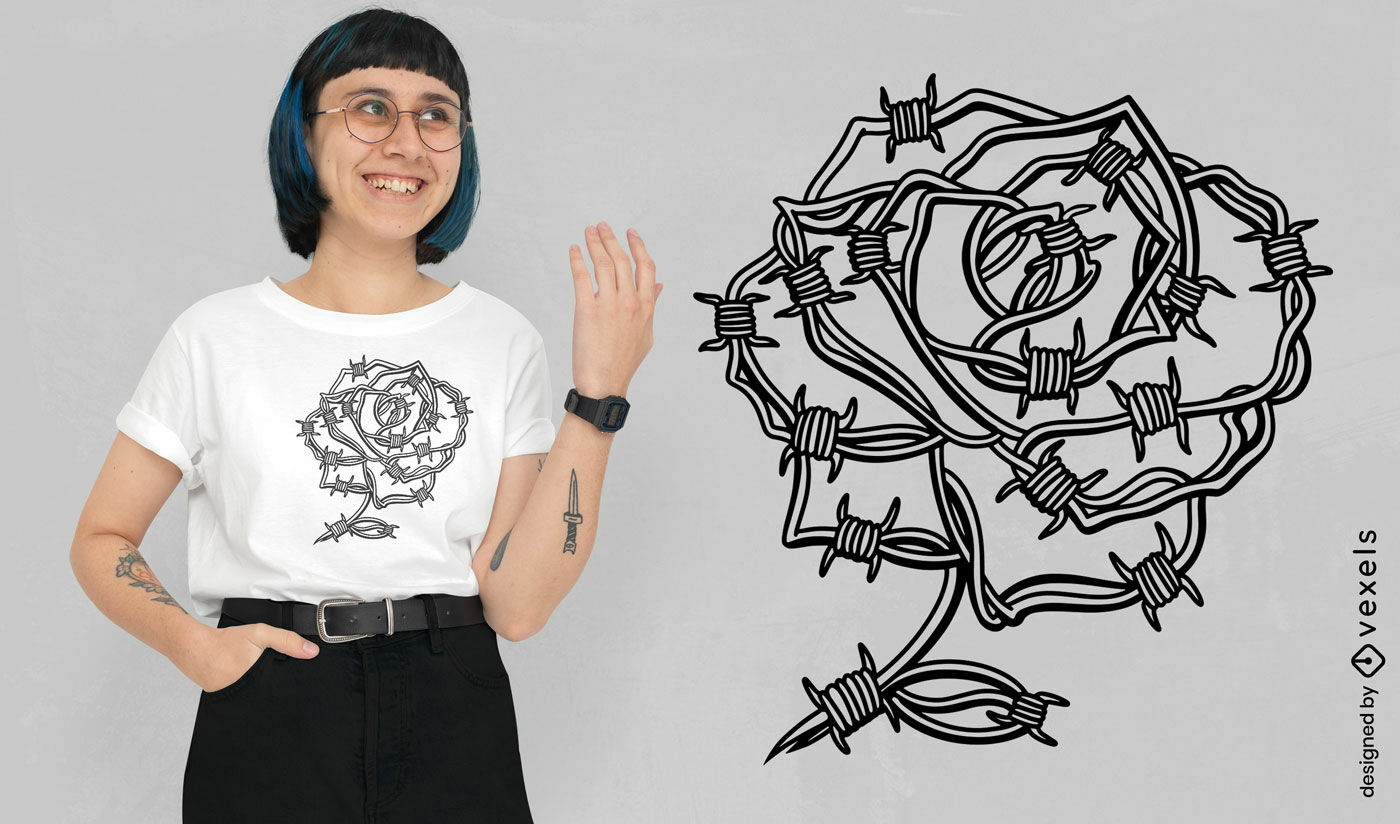 Diseño de camiseta con rosa de alambre de púas