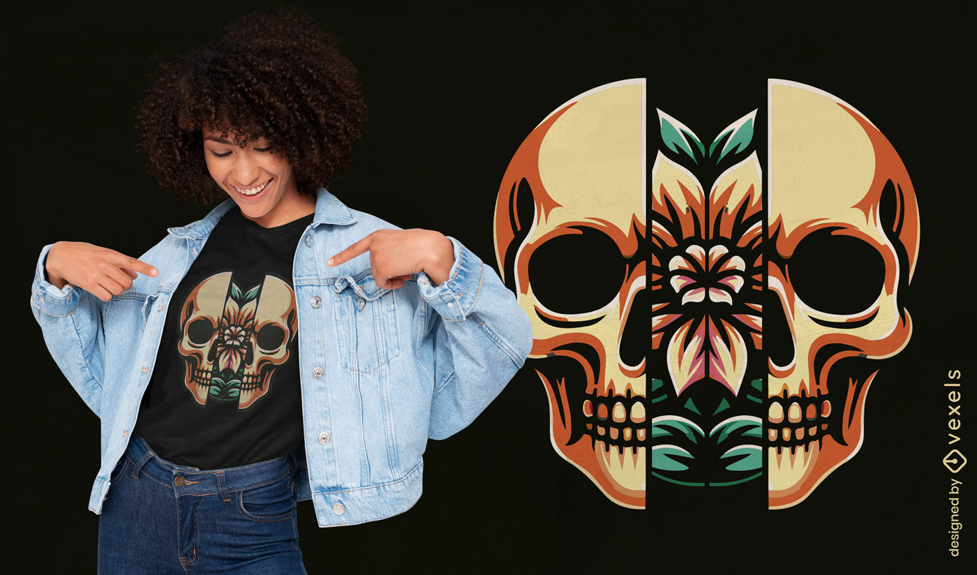 Diseño de camiseta con calavera de azúcar con flores divididas