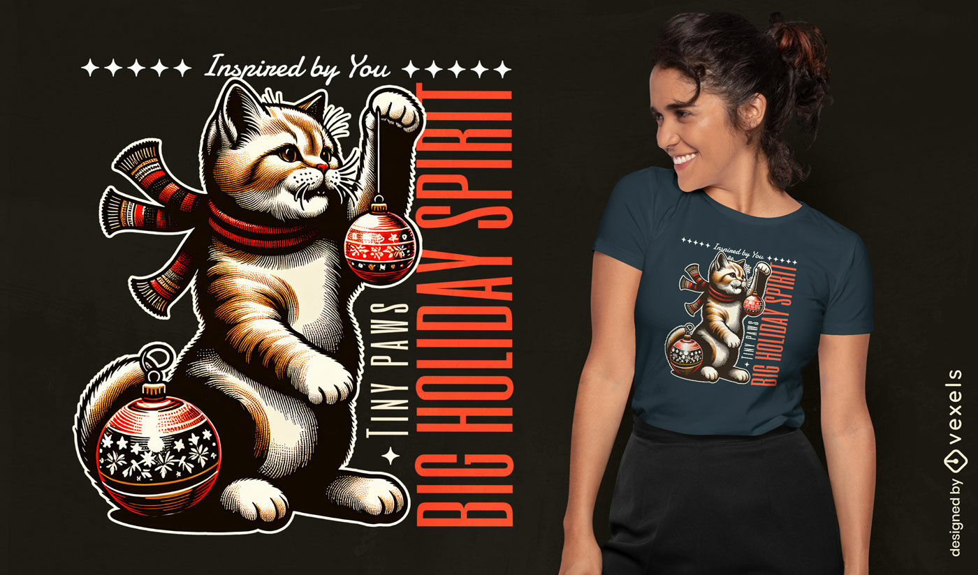 Design de camiseta com espírito natalino de gato