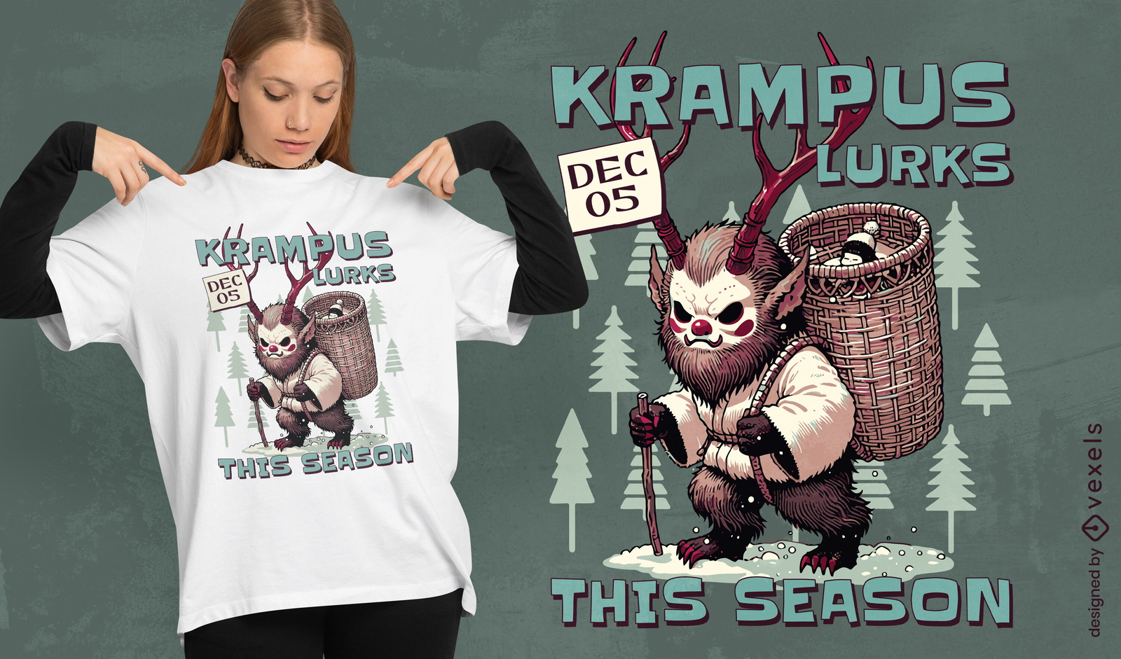 Diseño de camiseta navideña con el mensaje Krampus acecha