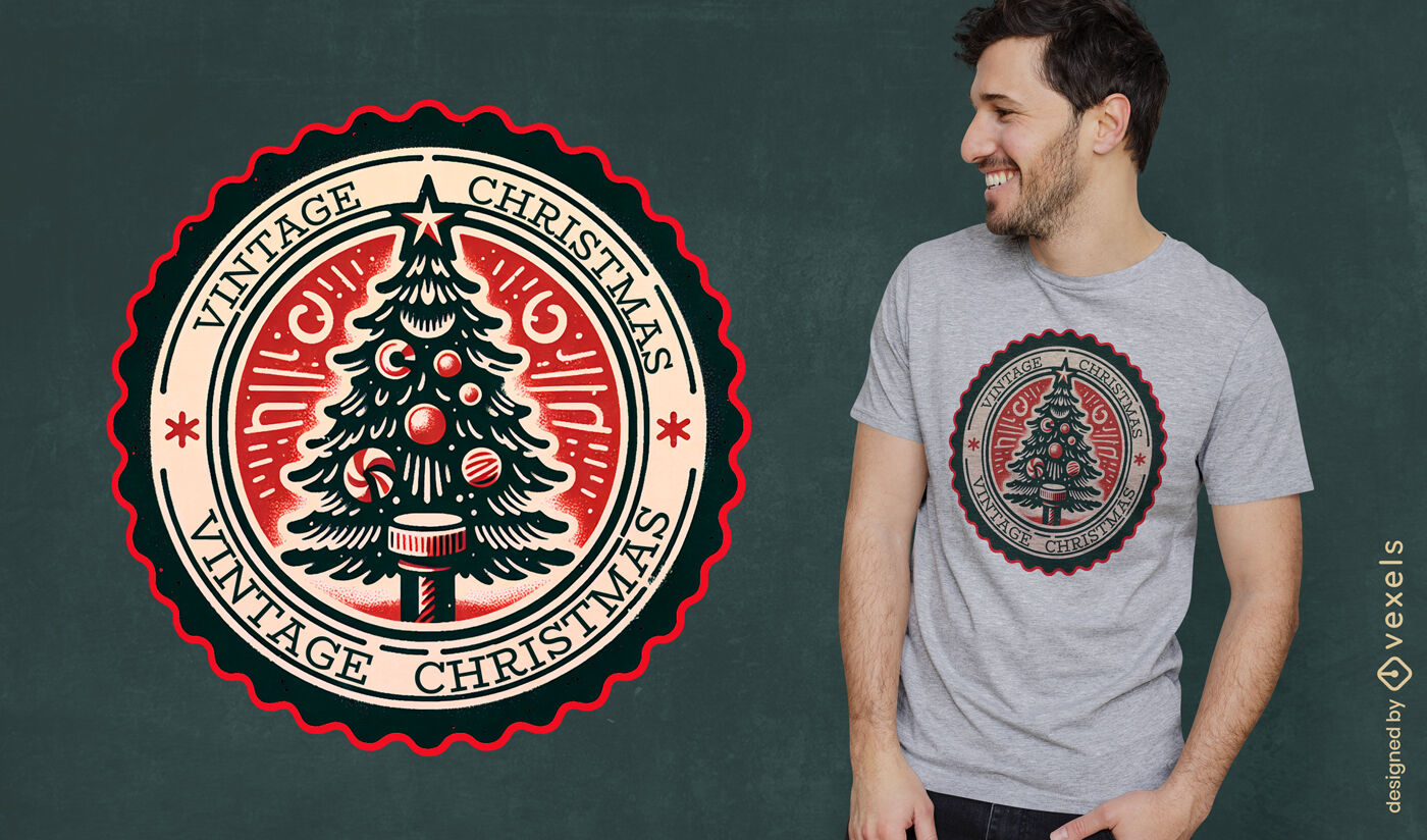 Design de camiseta com emblema de árvore de Natal vintage