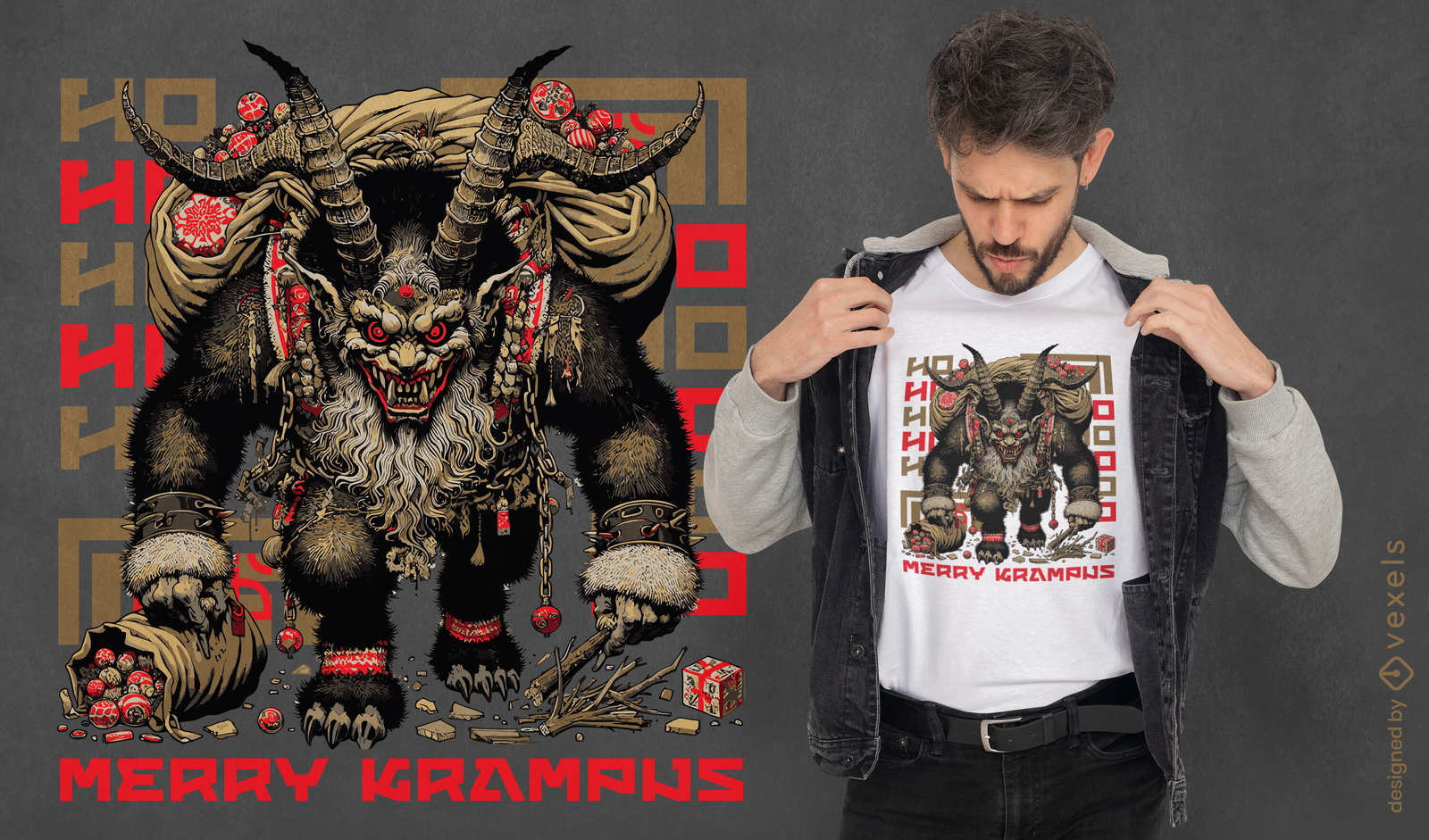 Diseño de camiseta intimidante con la frase Merry Krampus en japonés