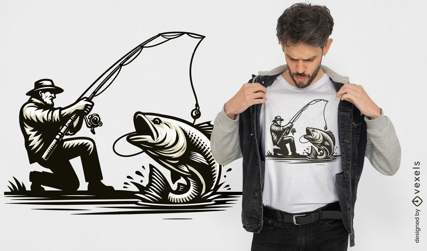 Diseño de camiseta de pescador capturando peces