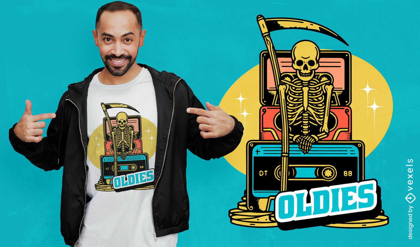 Skeleton with oldies cassettes t-shirt design