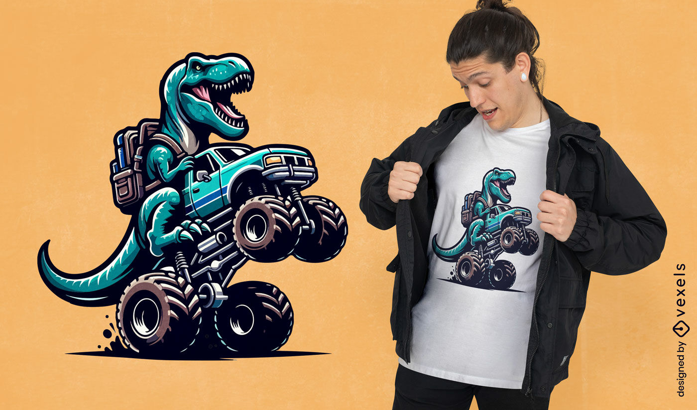 Diseño de camiseta de camión monstruo con dinosaurio