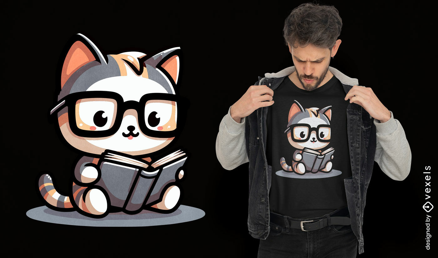 Diseño de camiseta con un gato inteligente leyendo